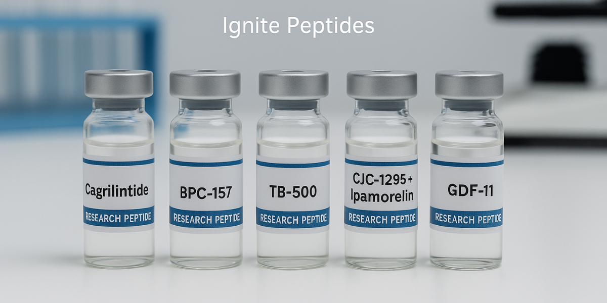 Glass vials with clear solution labeled research peptides on lab bench